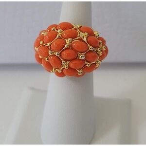 Kenneth Jay Lane Orange Faux Coral Cabochon Gold Tone Dome Cocktail Ring 5- 6